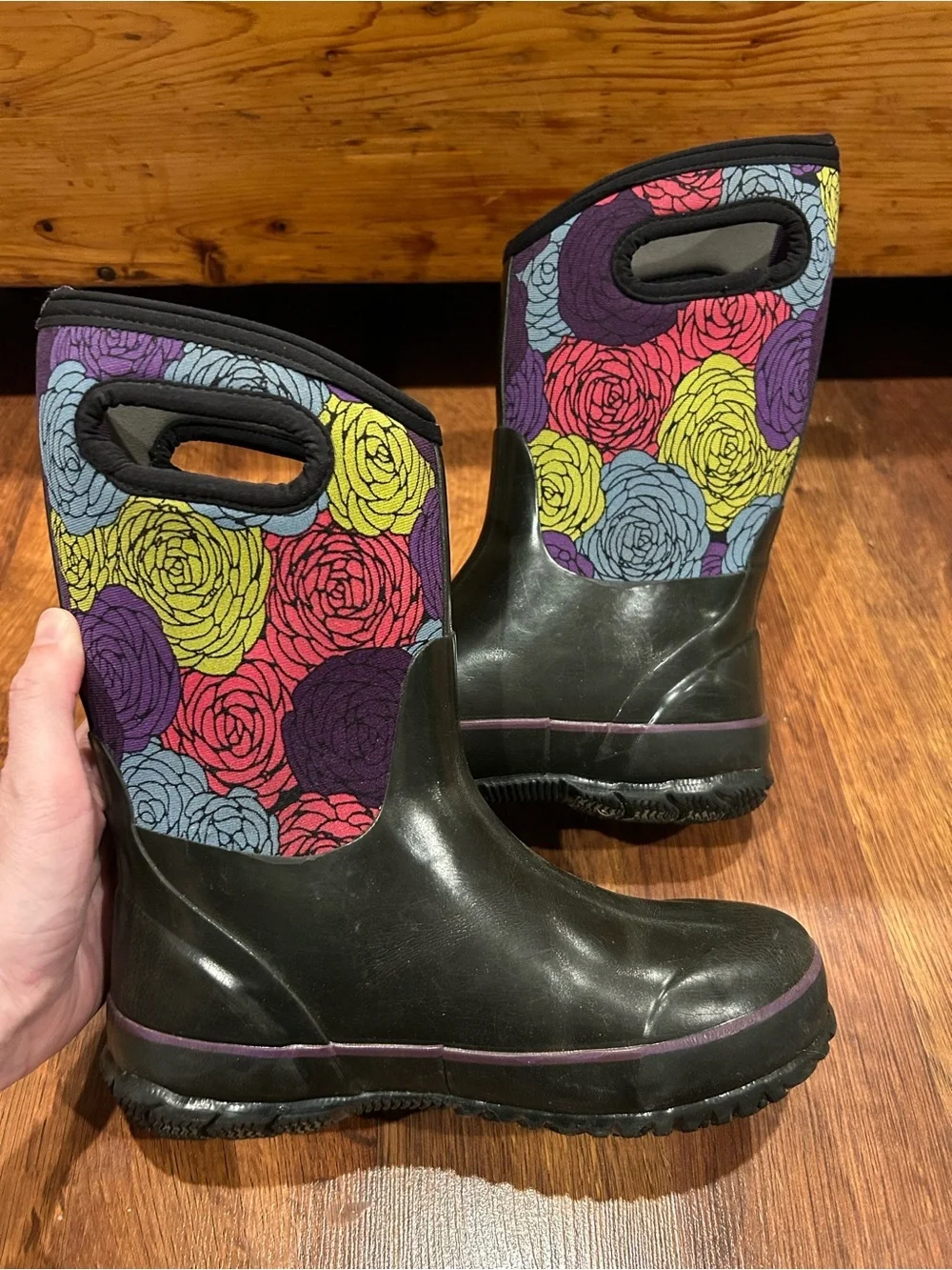 Bogs Classic Rosey Waterproof Floral Youth Rain Boots US 3 EU 35 Black Purple